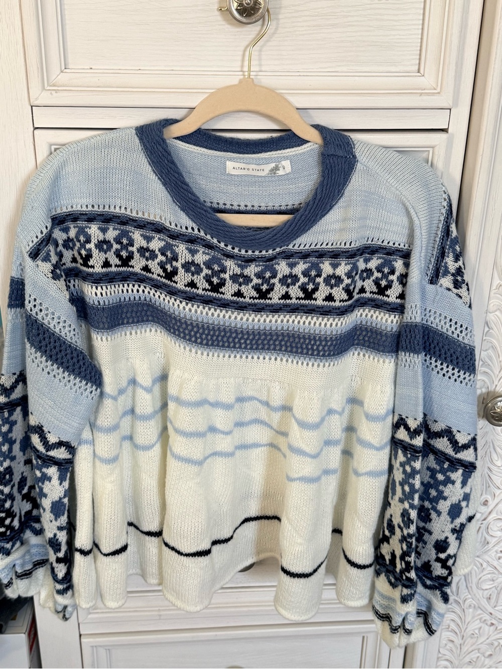 Altar’d State Blue Fair Chunky Knit Sweater Size Lg Oversized Boho Cottagecore